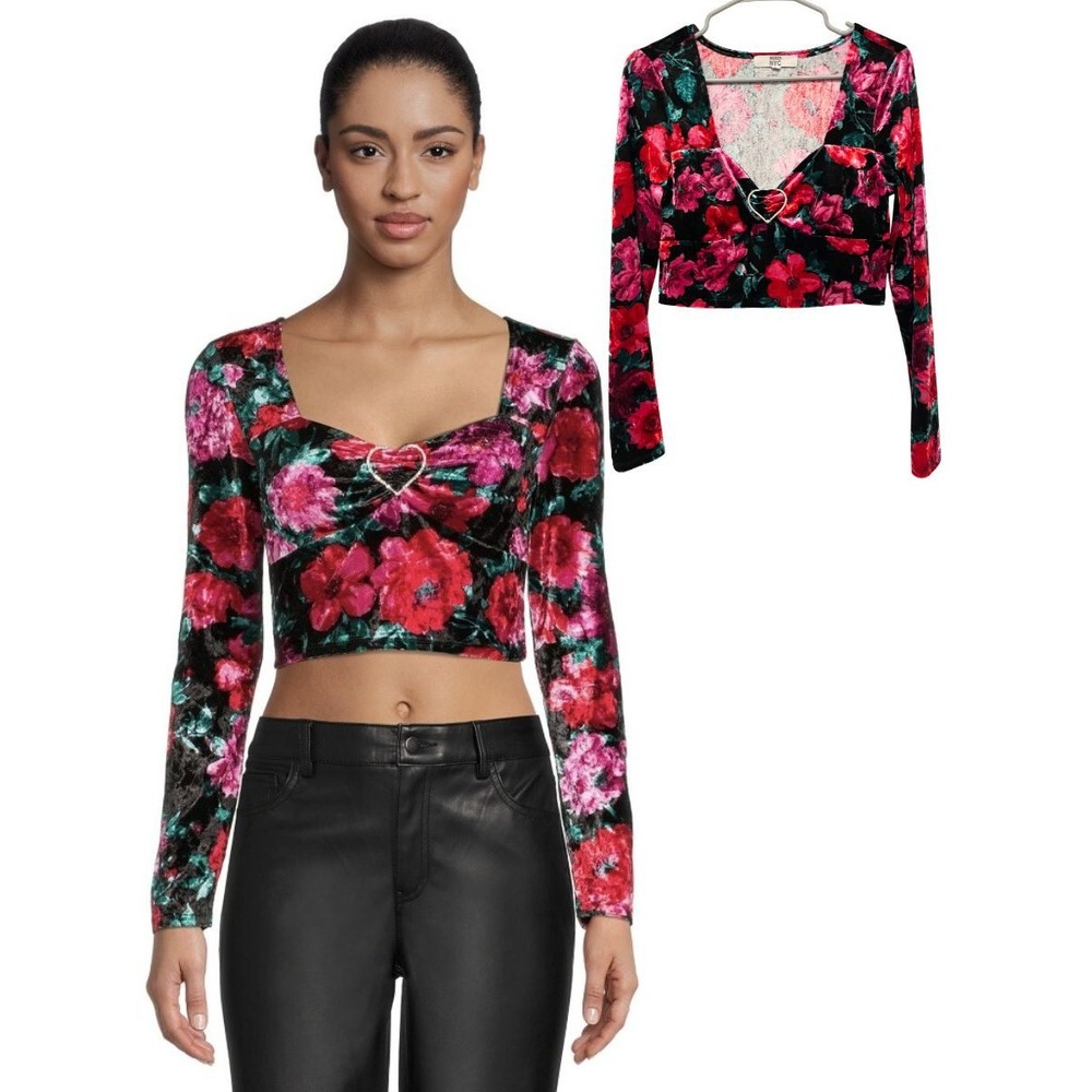 Madden NYC Y2K Floral Velvet Crop Top Womens L Rhinestone Heart Long Sleeve
